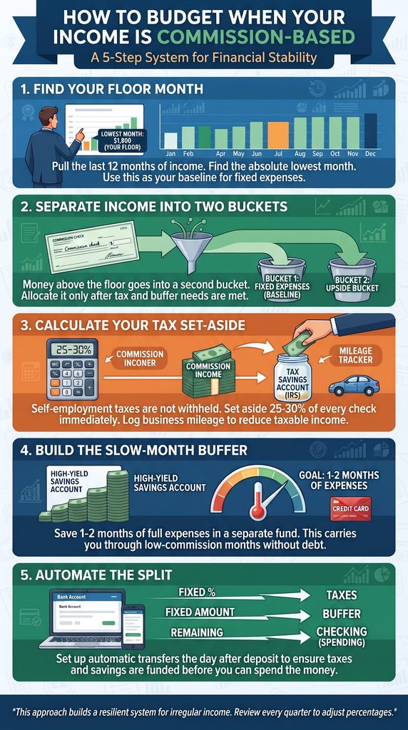 infographic showing steps on how to budget when income is commission based